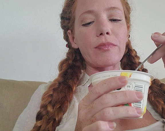 Heather Carolin aka Heathercarolin - Yogurt Mukbang Video posted Eye contact and swallowing white creamy spoonfuls. Licking and teasing.-