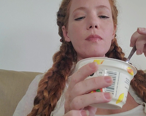 Heather Carolin aka Heathercarolin - Yogurt Mukbang Video posted Eye contact and swallowing white creamy spoonfuls. Licking and teasing.-