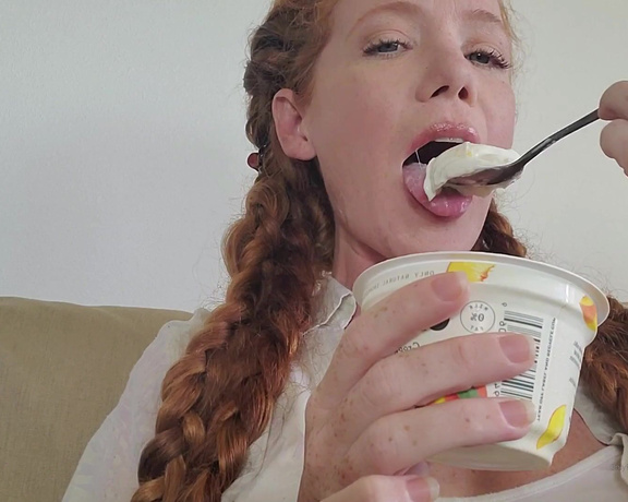 Heather Carolin aka Heathercarolin - Yogurt Mukbang Video posted Eye contact and swallowing white creamy spoonfuls. Licking and teasing.-