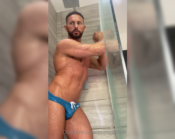 Pump Action aka Pumpaction OnlyFans - Behind the scenes shooting @stripperjay in the shower In tight blue swim trunks and nude Scroll t 1