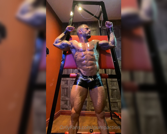 Pump Action aka Pumpaction OnlyFans - Behind the scenes Part 1  Jake on a rack in leather shorts
