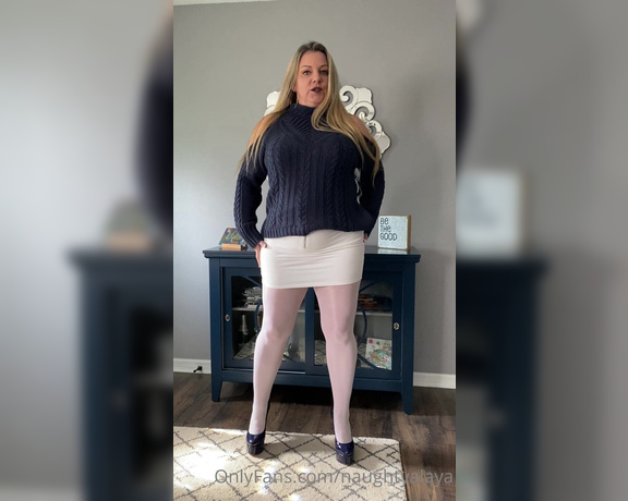 Naughty Alaya aka Naughtyalaya OnlyFans - Katie’s fashion corner presents this sexy hot white mini skirt, heels, white tights and my sweater 2