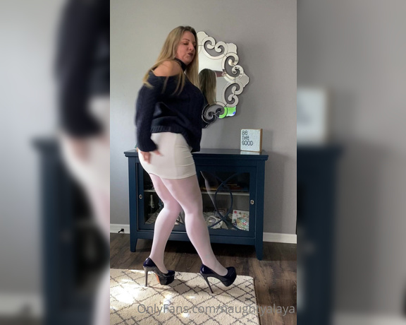 Naughty Alaya aka Naughtyalaya OnlyFans - Katie’s fashion corner presents this sexy hot white mini skirt, heels, white tights and my sweater 2