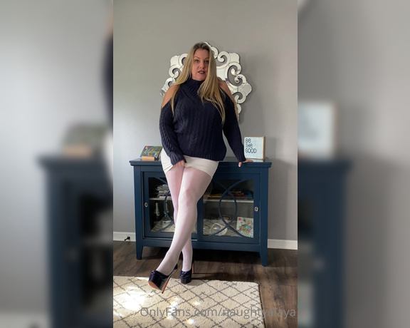 Naughty Alaya aka Naughtyalaya OnlyFans - Katie’s fashion corner presents this sexy hot white mini skirt, heels, white tights and my sweater 2