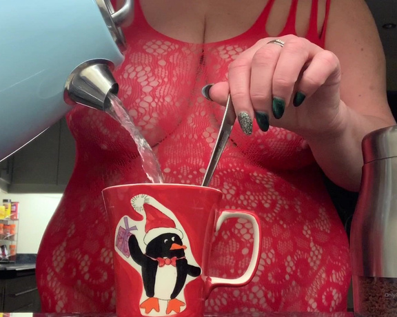 Catherinecan1 aka Catherinecan1 OnlyFans - Coffee Time Play Time! Christmas red BodyStocking with a handy hole just where my pussy is Come