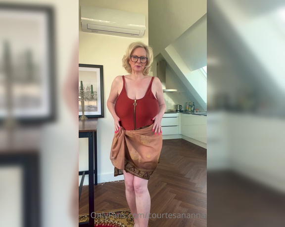 Courtesan Annabel aka Courtesananna OnlyFans - … Copper swimsuit … front zip sliding undone and massaging my big tits with lotion, getting beach