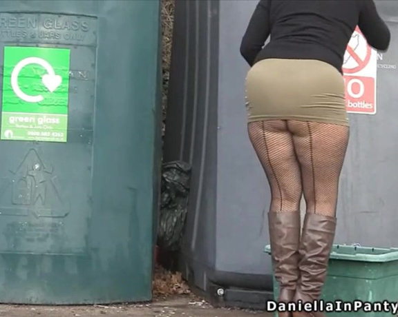 Daniella English aka Daniellaenglish OnlyFans - VIDEO Recycling  outdoor upskirt in mini skirt and seamed fishnets