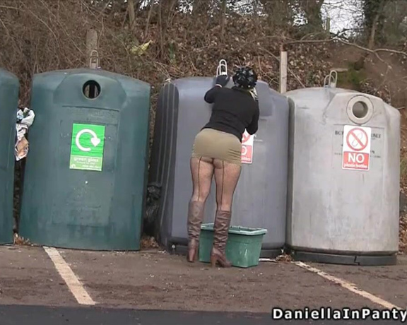 Daniella English aka Daniellaenglish OnlyFans - VIDEO Recycling  outdoor upskirt in mini skirt and seamed fishnets