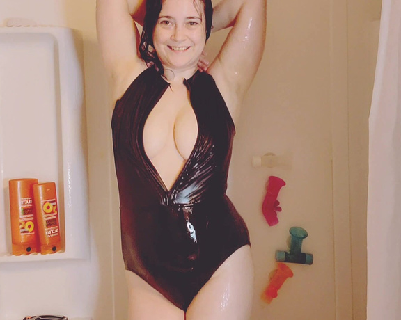CaityFoxx - Black Swimsuit Strip, Big Boobs, MILF, Shower, Swimwear, Wet Look, ManyVids